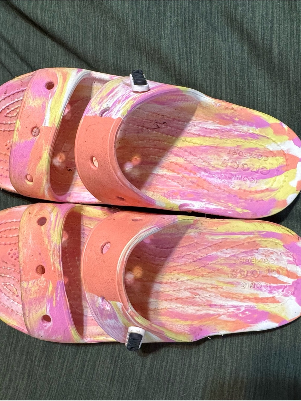 CROCS Pink, Yellow & White Marbled Slide Sandals